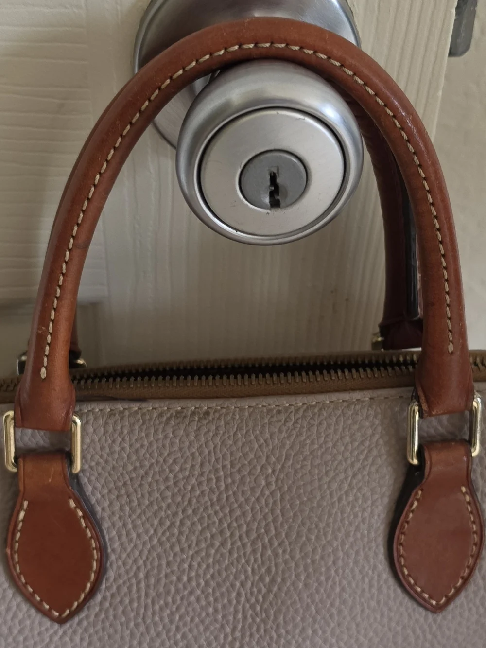 Dooney & Bourke Taupe Pebbled Leather Satchel with Brown Trim